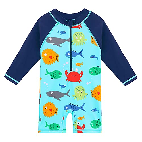 HUAANIUE Traje de baño de una pieza de manga larga para nadar con protección solar UPF 50+ 6M-6Y para niños, traje de playa, D Long Bluesealife Bañador, 1-2 Años Cover