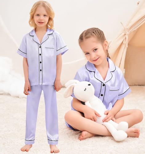 SWOMOG Kids Satin Pajamas Set 3 PCS Girls Boys Silk Sleepwear Short Sleeve Nightwear Long Pant Pjs Loungewear Little Boy 140 CM Lavender4