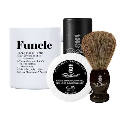 Luxury Men’s Grooming Kit. Shaving Kit for Men Includes Shaving Brush, Goat Milk Shaving Soap, Plus a Funcle Mug from Taylor & Grant. Great Grooming Gift Set for Men!