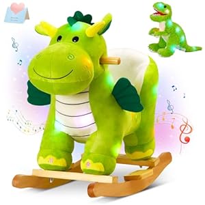 Glow Guards Light Up Musical Dinosaur Baby Rocking Horse Set of 2 with Safety Belt Dinosaur Rocker Baby Rocking Chair for Toddlers 1-3