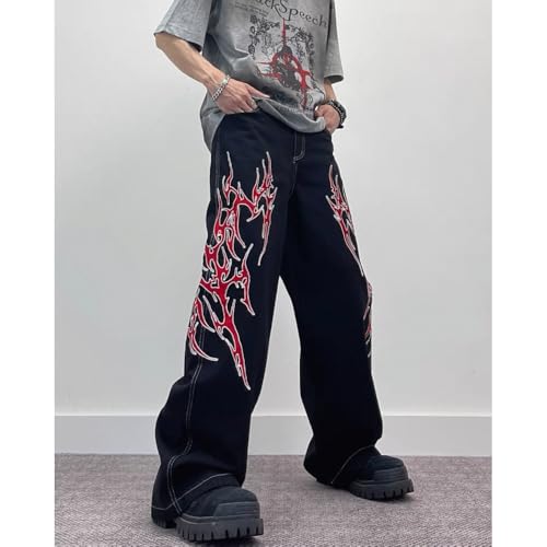 Y2K Retro high Street Flame Printed Wide Leg Jeans Hip-hop Loose Straight Leg Pants for Men and Women2
