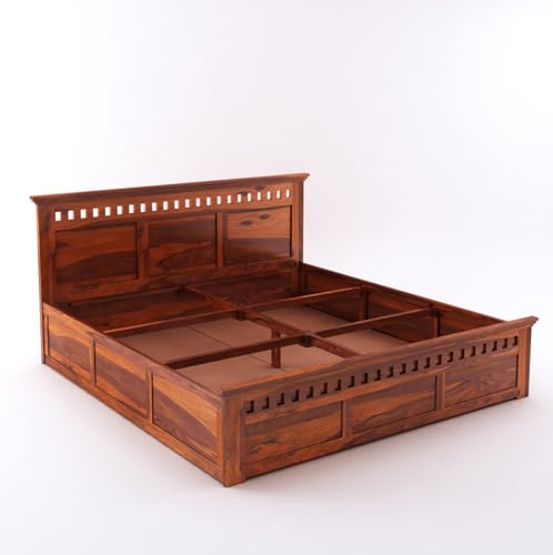 Image of Wooden Queen Size Bed with Storage Box Solid Wood Foldable for Bedroom | Wooden Folding Cot Queen Size Bed Frame (Queen Size, Honey Finish, 1 Piece)