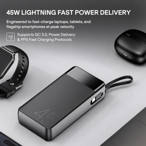 Image of boAt Apex PB445; in-Built Type-C Cable; 20000 mAh 2-Way PD 45W Fast Charging Powerbank with Triple Output; Premium Finish; for Android, iPhone 17 /16 /Pro, Samsung, iPad (Phantom Black)