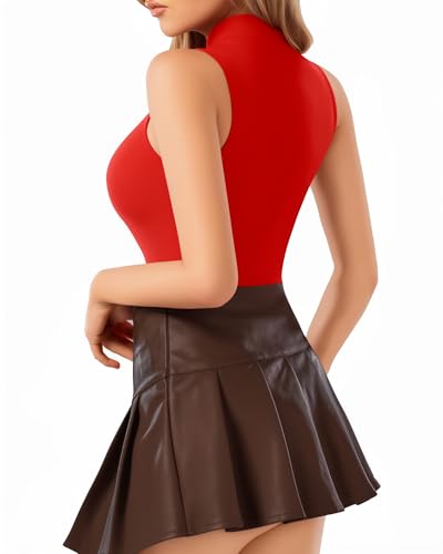 Image of MANGOPOP Women's Mock Turtle Neck /V Neck /Scoop Neck Long Sleeve /Sleeveless Tank Tops Bodysuit Jumpsuit (A1 Sleeveless - Red (Modal), Medium)