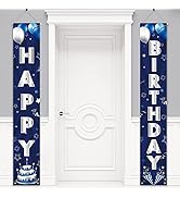 Happy Birthday Decorations Banner for Men Women Boys Girls, Blue Silver Birthday Porch Sign Birth...