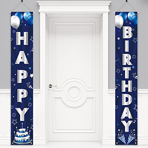 Image of Blue Silver Birthday Decorations Banner, Happy Birthday Door Sign, Polyester, 72 x 12 Inch, for Men Women Boys Girls, Reusable, Ideal Party Supplies