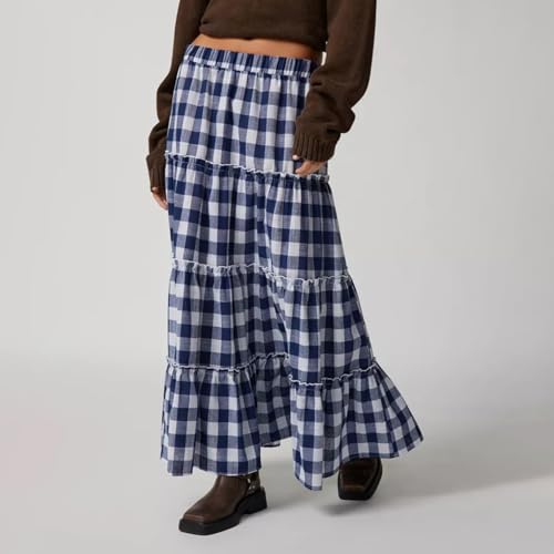 Women Plaid Tiered Maxi Skirt Elastic High Waist Vintage Gingham Pleated Long Skirt Y2K Flowy Swing A Line Skirt2