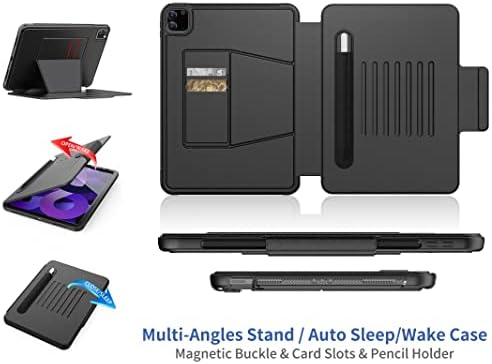 SEYMAC stock iPad Air 5th/4th Generation Case 10.9'' 2022/2020, Heavy Duty Shockproof Case with [Multi-Angles Stand] Pen Holder & Card Slot for iPad Air 5 / Air 4 & iPad Pro 11, Auto Sleep/Wake, Black