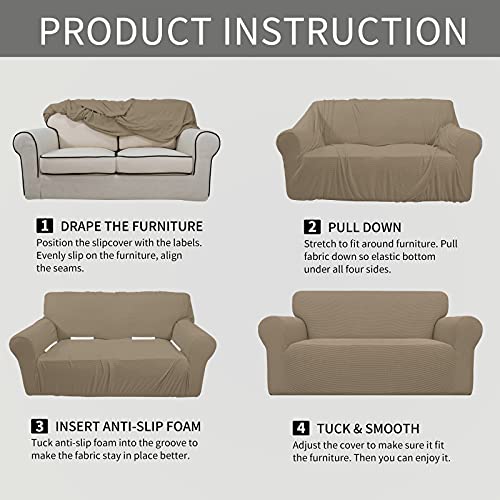 Image of Easy-Going Stretch Oversized Loveseat Slipcover 1-Piece Sofa Cover Furniture Protector Couch Soft with Elastic Bottom for Kids Polyester Spandex Jacquard Fabric Small Checks Natural