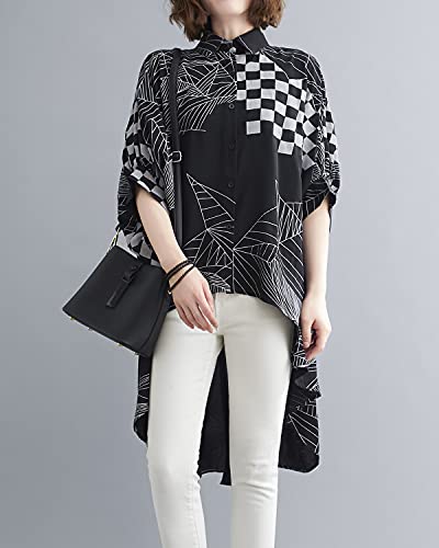 ellazhu Women's Asymmetrical Button-Up High-Low Short-Sleeve Batwing Top Oversized Shirt Blouse GA2305 A3