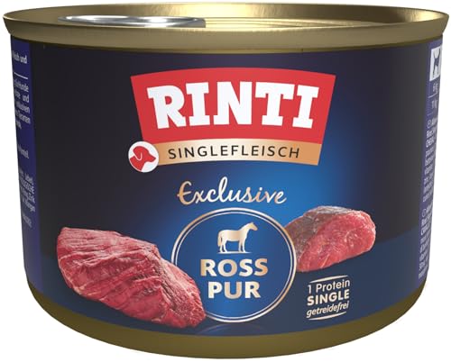 RINTI - Singlefleisch Exclusive | Nassfutter mit 100% Rossfleisch für sensible, ausgewachsene Hunde. Alleinfutter in der Dose ohne Getreide und künstliche Zusätze | 12x185g Ross Pur