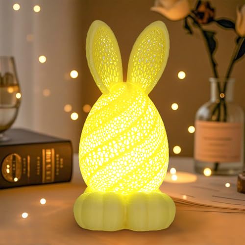TBOLINE Easter Bunny Night Light Rechargeable, Light Up Easter Bunny Figurines Decorations - Basket Essentials for Kids Girls, 3D Printed Cute Rabbit Lamps Portable Animal Nightlight (Yellow)