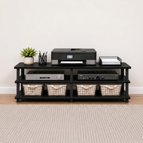 Image of Furinno Turn-S-Tube Toolless 3-Tier TV Stand, Dark Cherry | for TV up to 55 Inch, Wide Printer Stand with Storage Shelf, Entertainment Center, for Living Room, Bedroom