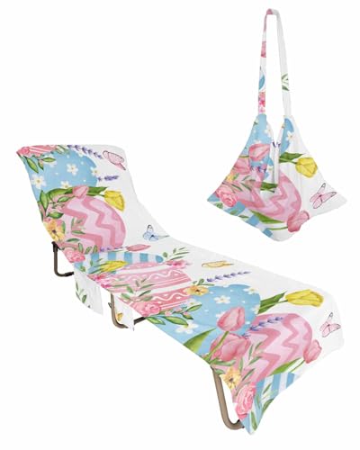 Tulip Flower Eggs Beach Chair Towel Covers for Chaise Lounge with Side Pocket, Soft Plush Pool Towels Cover for Patio Sunbathing Outdoor 29''x85'' Easter Spring Leaves Modern White