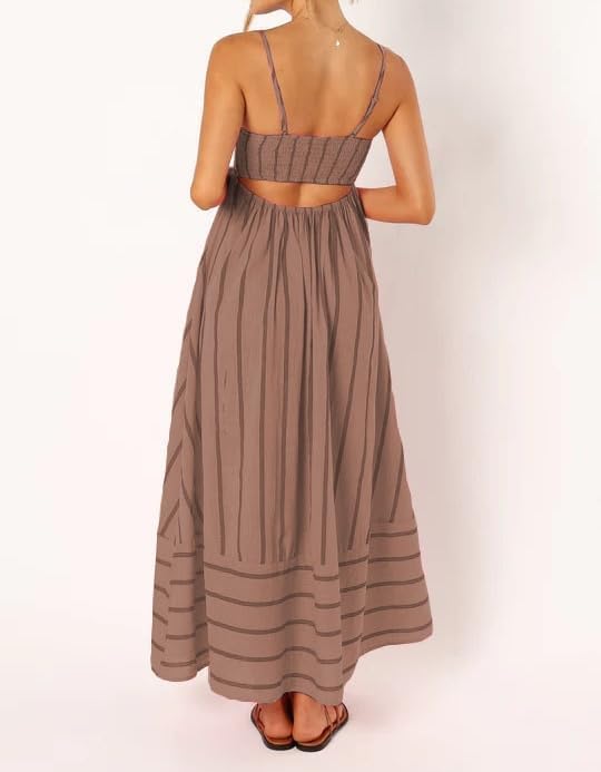 Robe longue rayée dos nu avec bretelles spaghetti et découpes graphiques