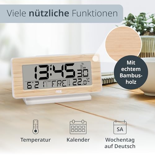 ADE Funkwecker digital mit Batterie | Tischuhr mit Temperaturanzeige und Kalender | Gehäusefront aus echtem Bambus | LCD-Display mit Beleuchtung auf Knopfdruck