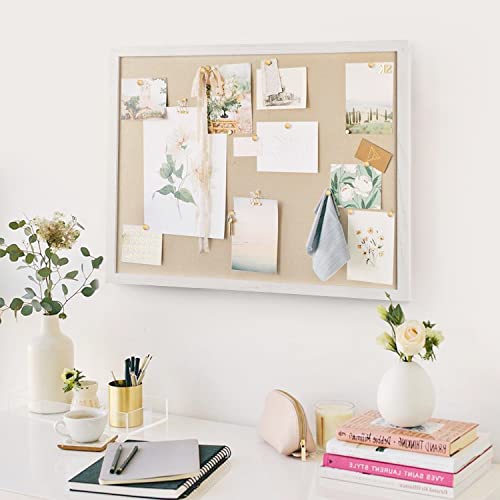 Miratino Large Bulletin Board 23X18 Inch With Linen Wood Boards Wall Decor Hanging Pin Wood Framed Display Bulletin Cork Photo Picture Board Light For Room School Office 20-Pushpin Vintage White #TOP3