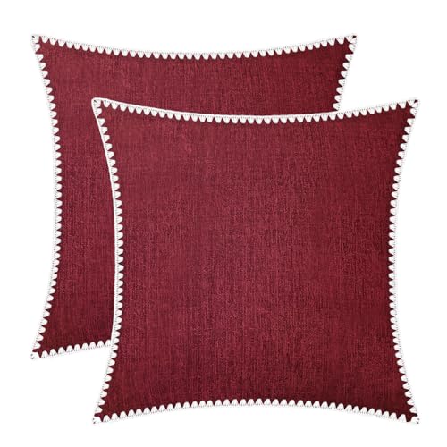 BRAWARM Chenille Throw Pillow Covers 20x20 Inches, Burgundy, 2 Pack