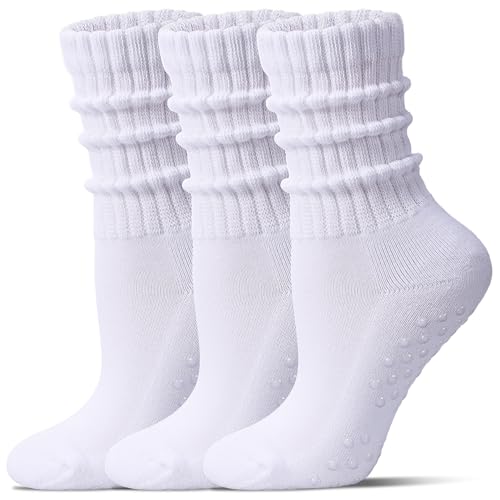 Toetally Pilates Socks for Women Mid Calf Slouch Yoga Socks with Non Slip Grippers for Barre Boot Sock 3 Pairs White M