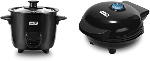 Dash DRCM200BK Mini olla arrocera vaporera y DMS001BK Mini redonda, máquina de plancha eléctrica para panqueques individuales, galletas, huevos y