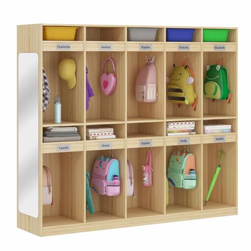 Kikihouse 10-Section Classroom Coat Locker with 10 Cubbies, Daycare Cubbies with 20 Hooks and Acrylic Mirror, Kindergarten Lockers for Home, School, Nursery