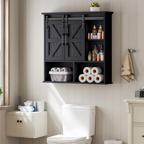 Image of Vabches Bathroom Wall Cabinet, Farmhouse Medicine Cabinet, Black