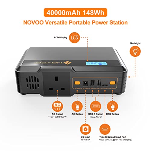 NOVOO 148Wh/40000mAh Portable Power Station, 230V/100W AC Socket, 60W USB-C PD Outdoor Generator Backup Lithium Battery for Camping Picnic Travel Party RV Trip Emergency Adventure Fishing - Image 2