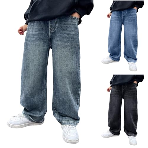 Boys Jeans Baggy Straight Leg Elastic Waist Loose Denim Pants with Pockets Vintage Denim Pants Y2K Streetwear