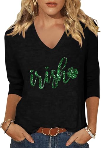 Image of Woffccrd Womens 3 /4 Sleeve V Neck T-Shirts Valentina's Day Spring Shirts Love Heart Printed Graphic Tees