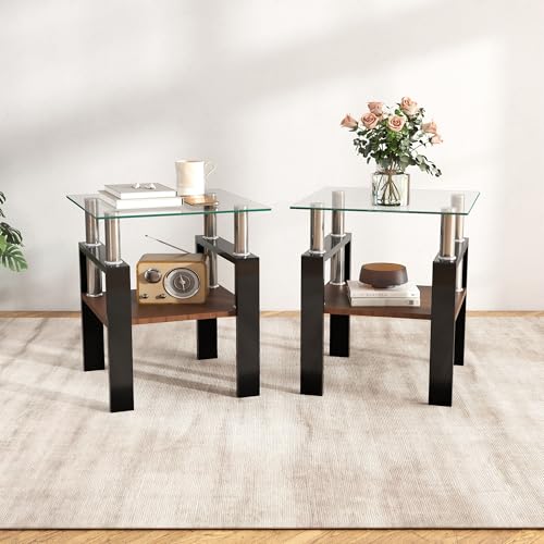 Image of Meihua Glass End Table, Square Glass Side Table, 2-Tier Modern Nightstand with Metal Legs for Living Room&Bedroom (Transparent+Brown, Set of 2)