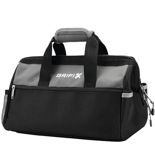 Grifix 15 Inch Tool Bag, Wide Mouth Tool Storage Organizer with Large Pocket, Ergonomic Zipper & Soft Handle Heavy Duty Toolbag, Waterproof Cloth Tool Tote for Men Electrician Mechanic Carpenter