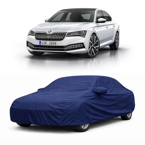 Image of Car Body Cover Compatible with Skoda Superb | Water, Dust & UV Protection | Mirror Pockets | Elastic Grip | Triple Stitch Skoda Superb Car Cover (Blue)