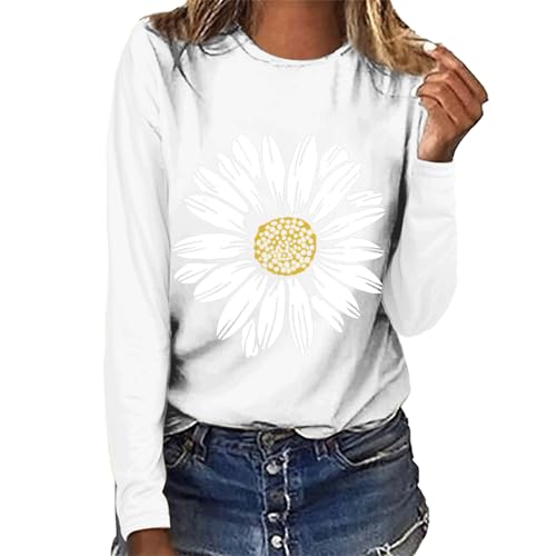 Camiseta de algodón para mujer, con estampado de margaritas, para otoño e invierno, manga larga, cuello redondo, de gran tamaño, para el día de San Valentín, día de San Valentín, vacaciones, fiesta,
