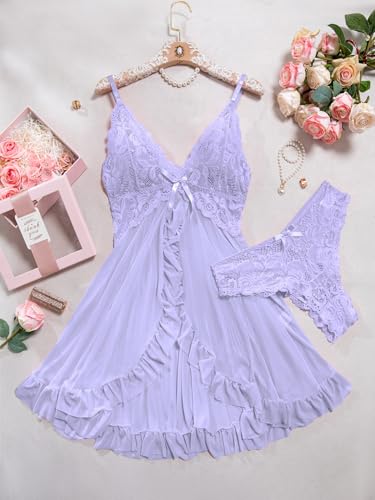 Image of Foxiny Sexy Ruffle Sheer Mesh Lace Wireless Babydoll Lingerie Dress with Thong 2 Piece