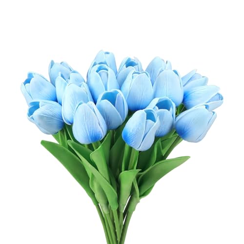 GIUSOBG Tulipes Artificielles 15 pcs Real Touch Latex 34cm Fleurs avec des Feuilles Fleur Tulipe pour décoration Bouquet Fleurs Artificielles Fleurs Tulipes pour Mariage Maison Jardin (Bleu lac)