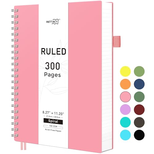 RETTACY A4 Notebook, Notepad, Wirebound Spiral Notebooks 300 pages/150 sheets for Writing,100gsm College-Ruled Paper, PVC Hardcover, for Women Men Work Office School,21.5 x 27.9cm - Pink