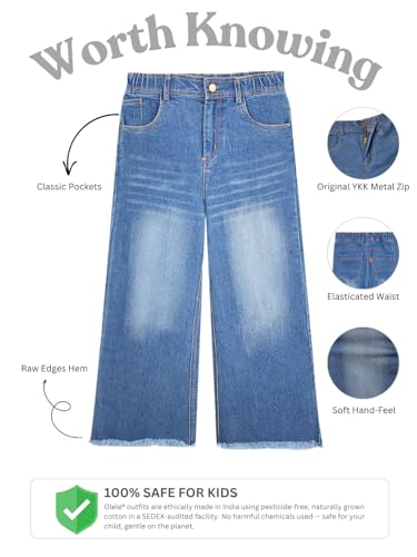 Image of olele Girls Super Jeans Collection for 4-14 Yrs | Stretchable Cotton Denim Trousers | Blue Jeans for Kids | Baggy Denim Pants | Cargo Pants for Girls