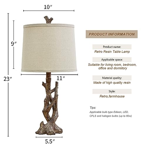 OYEARS 23" Rustic Farmhouse Table Lamp Country Cottage Lamps for Nightstand Tree Trunk Wood Grain Lamp for Bedroom Living Room with Oatmeal Fabric Round Shade Resin Bedside Lamp - Image 2