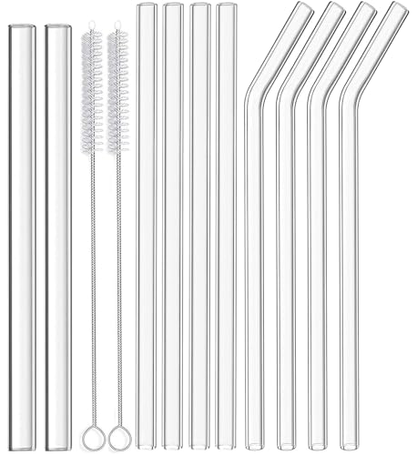 HAUNDRY 12-Pack Glass Straws Reusable Drinking Straw Including 4 Straight and 4 Bent Straws & 2 Extra Wide Smoothie Straw with 2 Cleaning Brushes