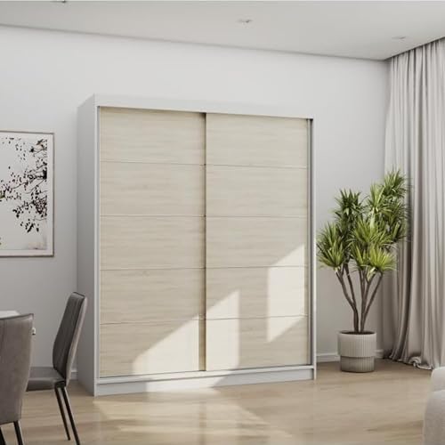Fabryka Mebli Idźczak - Armoire Porte Coulissante avec Penderie 160 cm Bono 06, Bandes Décoratives, Armoire Rangement Chambre - Blanc/Chêne Sonoma