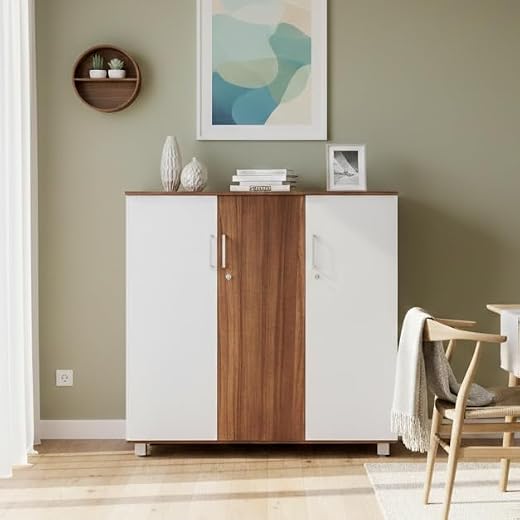 NEUDOT Ronald Caddy 3 Door Multipurpose Cabinet | Engineered Wood | Bookshelf | Organiser | Cupboard | Almari | Wardrobe f...