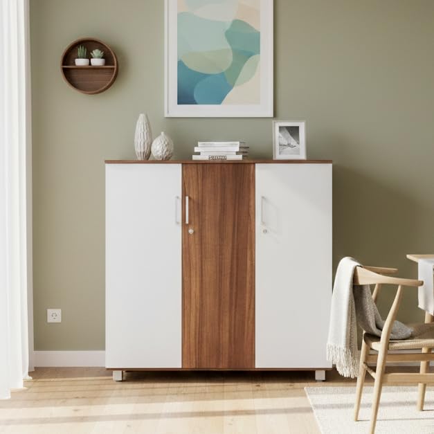 Image of NEUDOT Ronald Caddy 3 Door Multipurpose Cabinet | Engineered Wood | Bookshelf | Organiser | Cupboard | Almari | Wardrobe for Home | Kitchen | Office | Living Room | 12 Month Warranty | Leon Teak