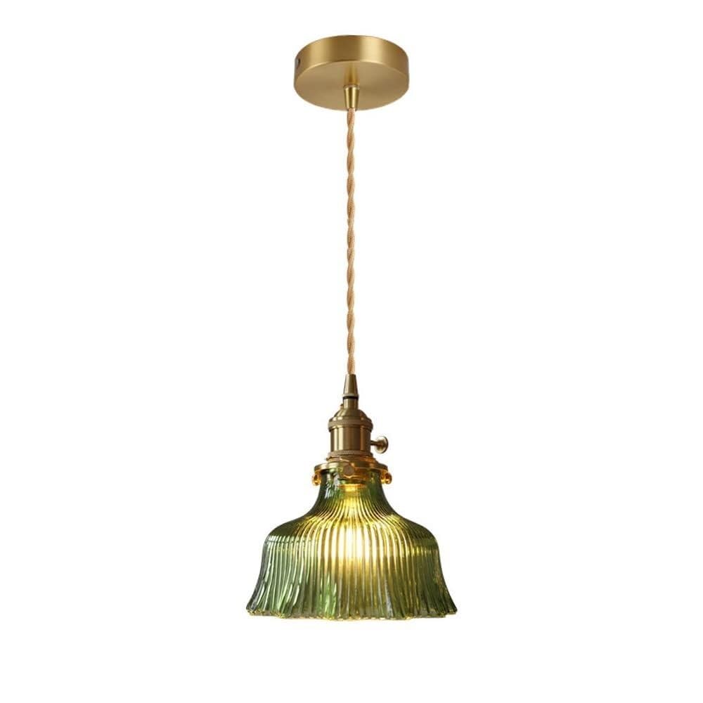 KXEcoLife Retro Geometric Ribbed Glass Pendant Light - Mini Chandelier for Kitchen Island Dining Room Home Decor Stylish Green Lighting Fixture (18cm Diameter)
