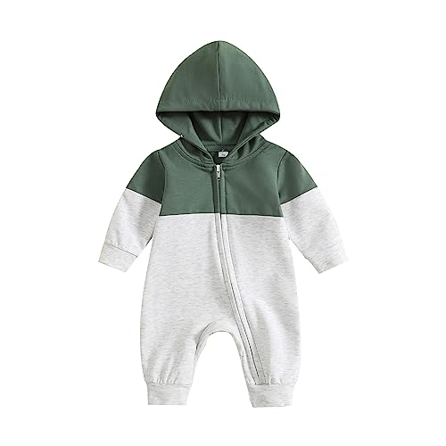 Image of BemeyourBBs Newborn Baby Boy Clothes Color Block Long Sleeve Zipper Hooded Romper with Pocket Fall Winter One Piece Outfits