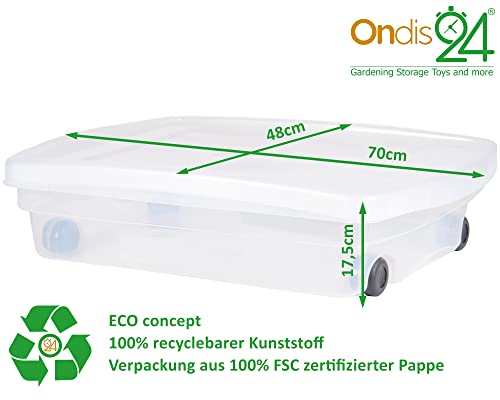 Ondis24 Unterbettbox mit Rollen und Deckel Aufbewahrungskiste aus Kunsttoff stapelbar transparent 40 Liter 68 x 48 x 17,5 (H) cm 100% recyclebar (1)