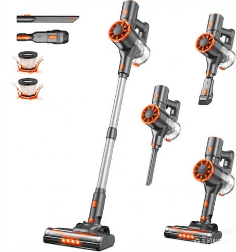 Image of Cordless Stick Vacuum Cleaner with Self-Standing, 8-in-1 Vacuum Cleaners for Home, Lightweight Powerful Vacuum with LED Screen, Rechargeable Vacuum for Carpet, Pet Hair, Hardwood Floors (Orange)