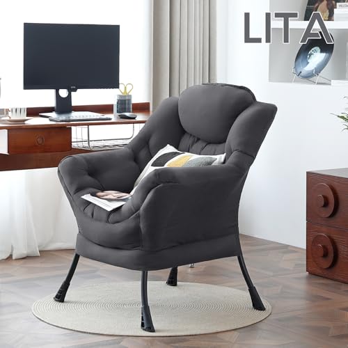 Image of LITA Lazy Chair with Armrests and Side Pocket, Modern Upholstered Accent Reading Chair for Living Room, Bedroom, Dorm, Small Spaces, Single Dark Grey