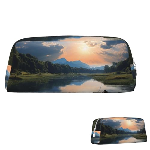 FZQVSLCM 筆箱 レザー ペンバッグ 旅行 メイクバッグ 釣り 景色 トイレタリーバッグ ポータブル コスメバッグ 小銭入れ, シルバー, One Size