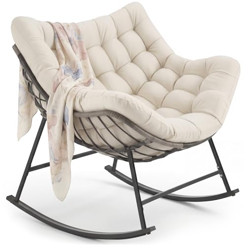 tectake® Silla Mecedora, Cojín Lavable Grueso, Sillon Lectura, 99,5 x 93 x 89 cm, Carga 120 kg, Butaca Salon, Interior Exterior, Sillon Lactancia, Sillones Dormitorio, Butaca Dormitorio - Beige