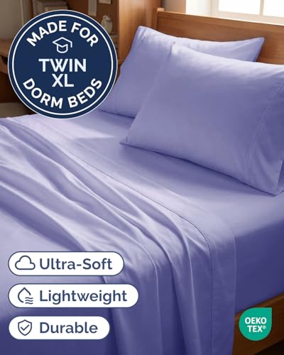 Image of Twin XL 4 Piece Sheet Set - College Dorm Room Essentials - Lavender | Ultra Soft Dorm Bedding Set, 8 inch to 16 inch Inch Deep Pockets, 1 Flat & 1 Fitted Sheet & 2 Pillowcases, Wrinkle & Fade Free